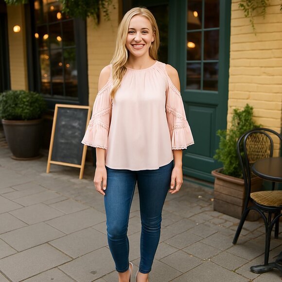 Vertiche Semi sheer pink chiffon cold shoulder blouse Size Med - Picture 1 of 10